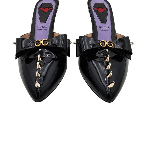 Gucci GG Bow Sadie Mid Heel Mule Spike Black Patent Leather Size 38 US 8 - Picture 5 of 13